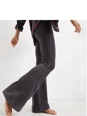 Aerie grey ribbed corduroy flare pants with an elastic waist thumbnail 2