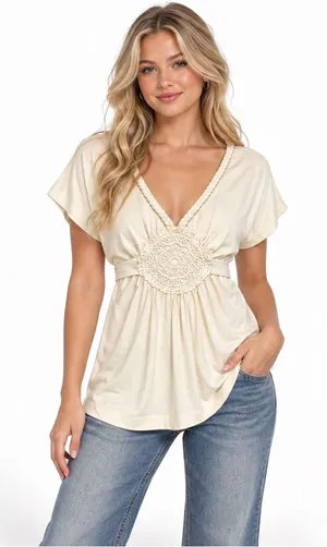 Cherie Tunic Top Medium VTG Y2K Coquette Braided V Neck Boho Crochet Medallion thumbnail 1
