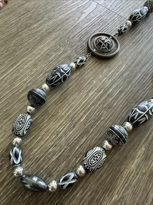 Bohemian whimsy goth witchy black white long necklace beaded medallions thumbnail 5
