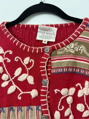 {S} Vintage Susan Bristol Red Embroidered Patchwork Cardigan 1995 thumbnail 3