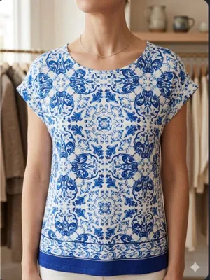 House of CB Blue and White Paisley-Print Short Sleeve Top thumbnail 1