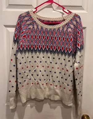 American Eagle Fair Isle Metallic Knit Sweater Womens Large Cream Red Blue L thumbnail 1