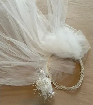 Vintage White Tulle Bridal Veil Faux Pearl Headband Floral Bead Accent 20 Inch thumbnail 1