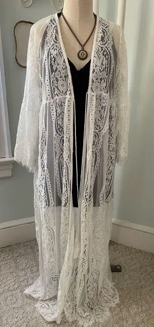White lace mesh kimono cardigan cover up swim cover up thumbnail 1