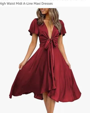 Womens Satin V Neck Ruffle Short Sleeve Tie Front High Waist Midi A-Line Maxi Dresses thumbnail 1