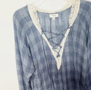 Anthropologie Umgee plaid tassel tie vneck lace blue checkered country Top Sz M thumbnail 5