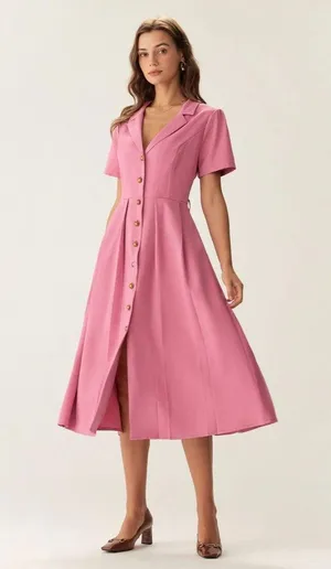 Rihoas Rose Red V-Neck Button Midi Dress thumbnail 3