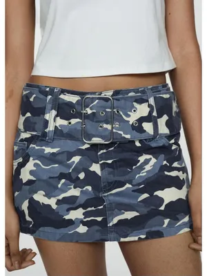 Mango Camouflage Mini-Skirt with Belt NWT Lindsay Blue Size 8 / EUR 40 thumbnail 1