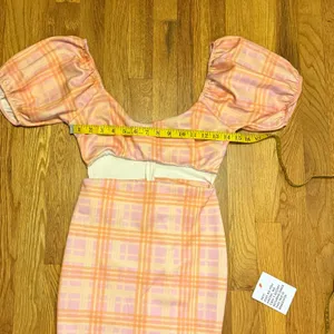 ASOS Design Women’s 6 Pink Orange Plaid Cut Out Puff Sleeve Zipper Mini Dress thumbnail 5