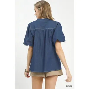 Umgee Denim Button Front Puff Sleeve Boho Blouse -‎ Medium thumbnail 3