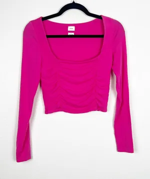 Wilfred‎ Women's Pink Long Sleeve Ruched Cropped Square Neck Tee Sz S thumbnail 1