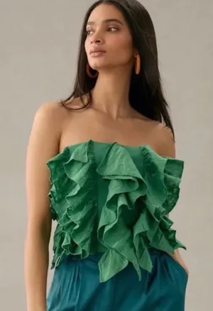 Anthropologie Green Ruffle Top Strapless thumbnail 1