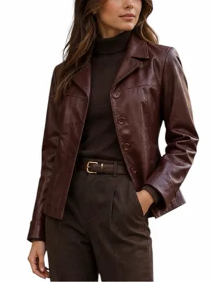 Cache Leather Jacket 10 Burgundy Fitted Button Front Y2K Retro Blazer Maroon thumbnail 1