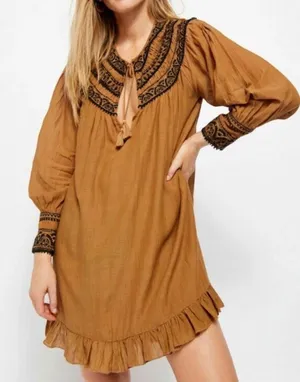 Free People Embroidered Tassel Boho‎ Mini Dress Brown Black m whimsi cottage Y2K thumbnail 1
