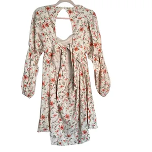 Arula‎ Cream Floral Linen Blend Long Sleeves Open Back Swing Mini Dress XL thumbnail 2