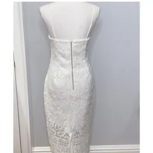 Bardot white lace midi dress Scalloped Vneckline with afitted sheath silhouette. thumbnail 7