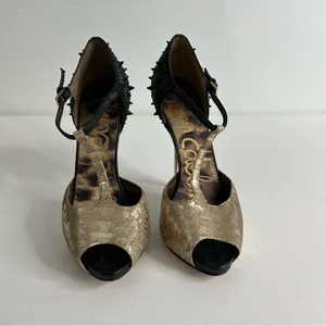 Sam Edelman Scarlett Black‎ and Gold Heels Size 7.5 thumbnail 4