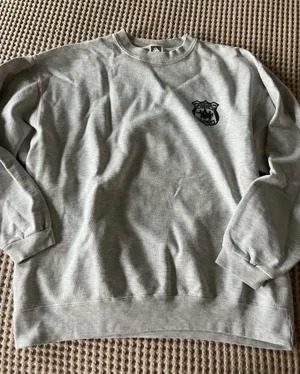Comfortable light gray crewneck sweatshirt with a small embroidered crest on the chest. Soft, durable fabric for everyday wear. Ribbed cuffs and hem provide a secure fit. Neutral light gray pairs easily with casual outfits. thumbnail 1