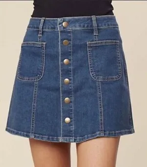 Womens Altar’d State Denim Brass Front Snap Medium Wash Jean Skirt - Sz S thumbnail 1