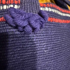 Vintage Arrowcraft shop earthy handwoven Stylish Navy Tote with Pom-Pom Details thumbnail 7