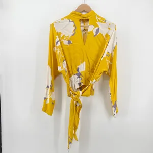 Free People‎ Say You Love Me Yellow Floral Mock Neck Keyhole Wrap Blouse Small thumbnail 4