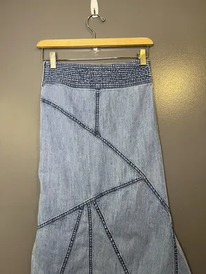 Urban Outfitters Skirt Womens XS Blue Denim Trumpet Long Asym Hem Boho Frayed thumbnail 6