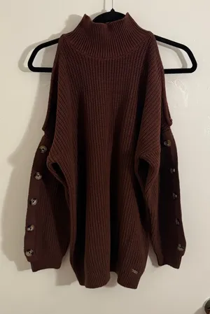 Guess Women's Burgundy Brown Turtleneck Sweater with Button Details Small thumbnail 1