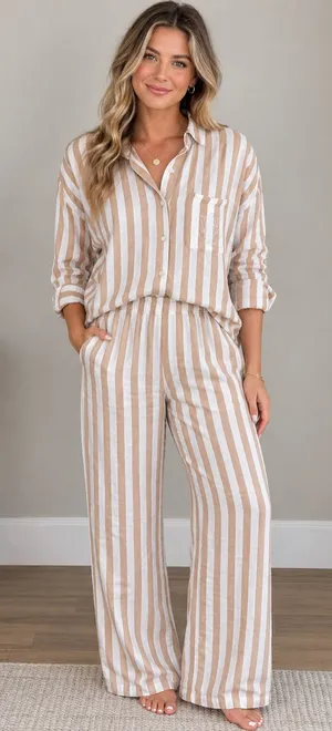 Victoria Secret Striped Wide-Leg Pajama Set- Beige & White thumbnail 1