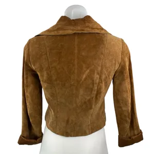 Women's Brown 100% Genuine Leather Long Sleeve Collared Crop Moto Coat Jacket S thumbnail 4