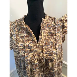 Farmers Market Boho Floral Paisley Pintuck Blouse Cotton Ruffle Sleeve Cottage thumbnail 4