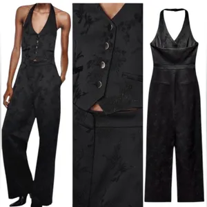 NWT Zara Black Viscose Jacquard Halter Vest Jumpsuit V-neckline Bloggers Fave thumbnail 2