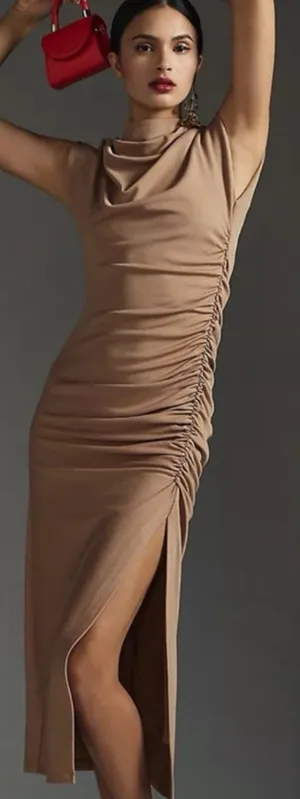 ANTHROPOLOGIE Maya Ruched Cowl Tan Sleeveless Slit Midi Dress thumbnail 1