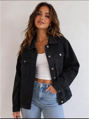 Women’s Black GUESS Jean Jacket Size XS Beaded Embroidered Denim Jacket Vintage thumbnail 1