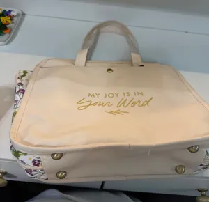 Cream Tote Bag with Gold Script "My Joy Is In Your Word" thumbnail 1