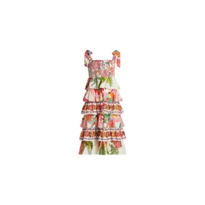 Farm Rio Mixed White Prints Layered Dress M Tropical Floral Tiered Linen Smocked thumbnail 7