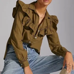 ANTHROPOLOGIE Pilcro‎ Ruffle Button Down Blouse Top Green thumbnail 1