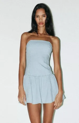 ZARA Denim Bandeau Dress thumbnail 1
