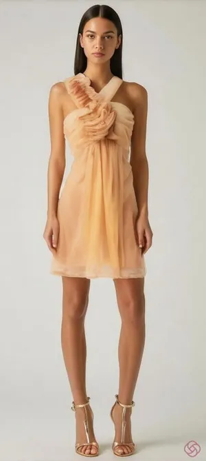 Mystic frilly ruffle trim shoulder sheer peach overlay cocktail dress size large thumbnail 1