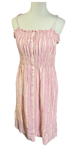 Universal Threads Pink Stripe Smocked Midi Sundress Tie Straps Button Up - Size Medium thumbnail 1