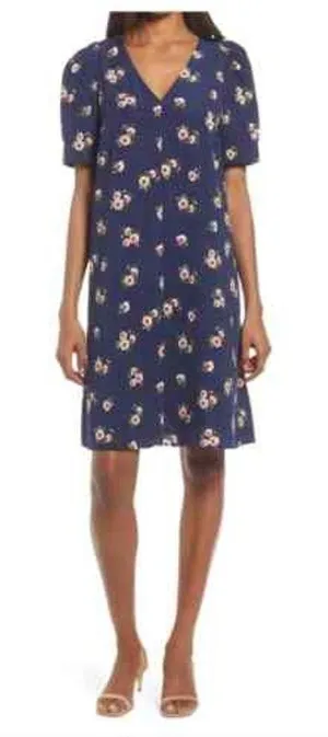 Chelsea28 Floral Puff Sleeve V-Neck Navy‎ Shift Dress Size Large thumbnail 1