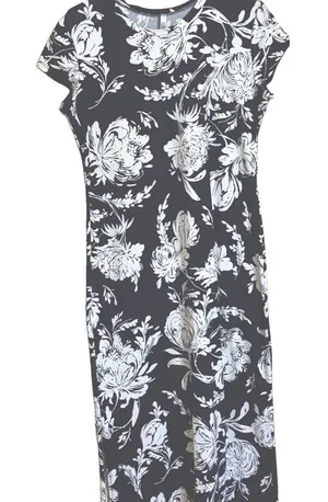 Acting Pro Women's Navy White Floral Maxi Dress Long Side Slits Short Sleeves thumbnail 1