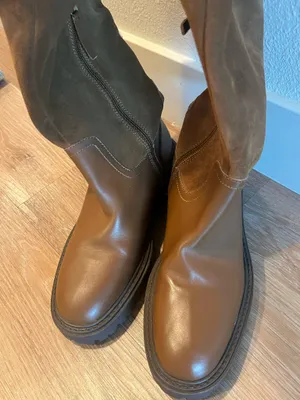 Zara Brown Cognac Chestnut Leather Suede Shearling Over the Knee High Tall Boots thumbnail 6