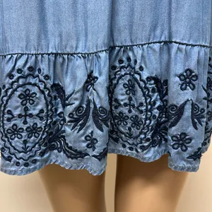 Crown & Ivy light denim embroidered top with drawstring collar, size L thumbnail 4