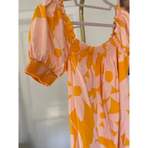 Free People Mila Floral Mini Dress S Boho‎ Puff Sleeve Smocked Pink Orange Beach thumbnail 3