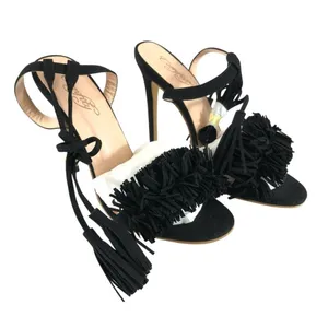 Comfity Womens Heels Faux Leather Fringe Open Toe Stilettos Lace Up Black 7 thumbnail 1