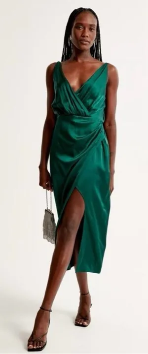 NWT Abercrombie & Fitch Satin Draped Wrap Midi Dress Emerald Green Small Petite thumbnail 1