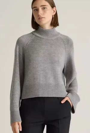 Quince Australian Merino Wool Cropped Mock Neck Sweater in Heather Grey Size L thumbnail 1