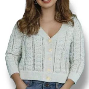 Vintage 90s Fitted Cable Knit‎ Cardigan Sweater Cropped Pastel Pistachio Green thumbnail 2