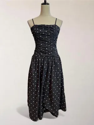 Trixxi Los Angeles Black White Polka Dot Ruched Drop Waist Midi Dress S thumbnail 3