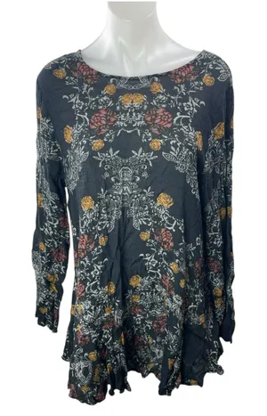 Free People Smooth Talker Black Floral Open Back Long Sleeve Tunic Mini Dress L thumbnail 1